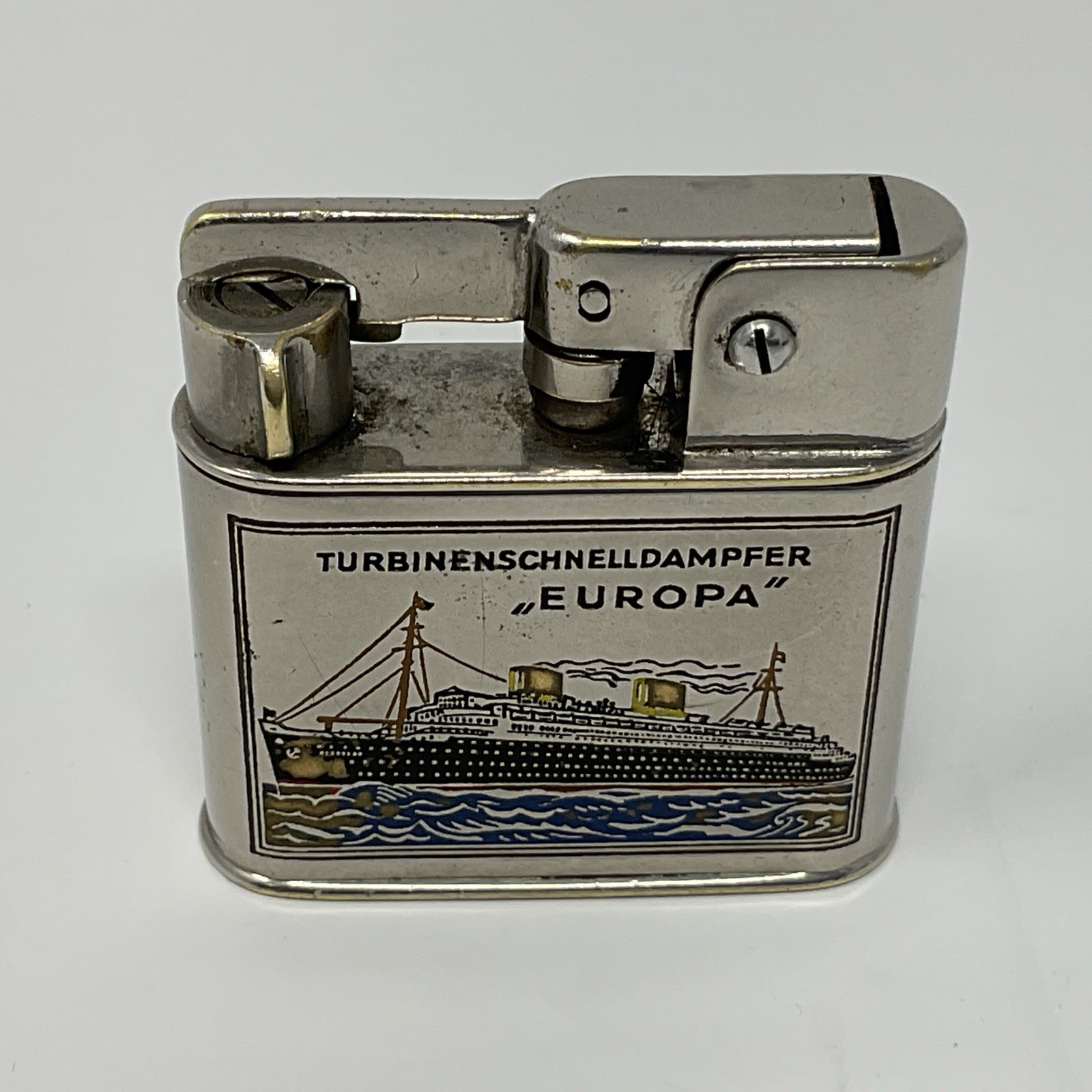 Vintage 1000 Lunder Germany Trench Art Cigarette Lighter w/ SHIP EUROPA Lift Arm