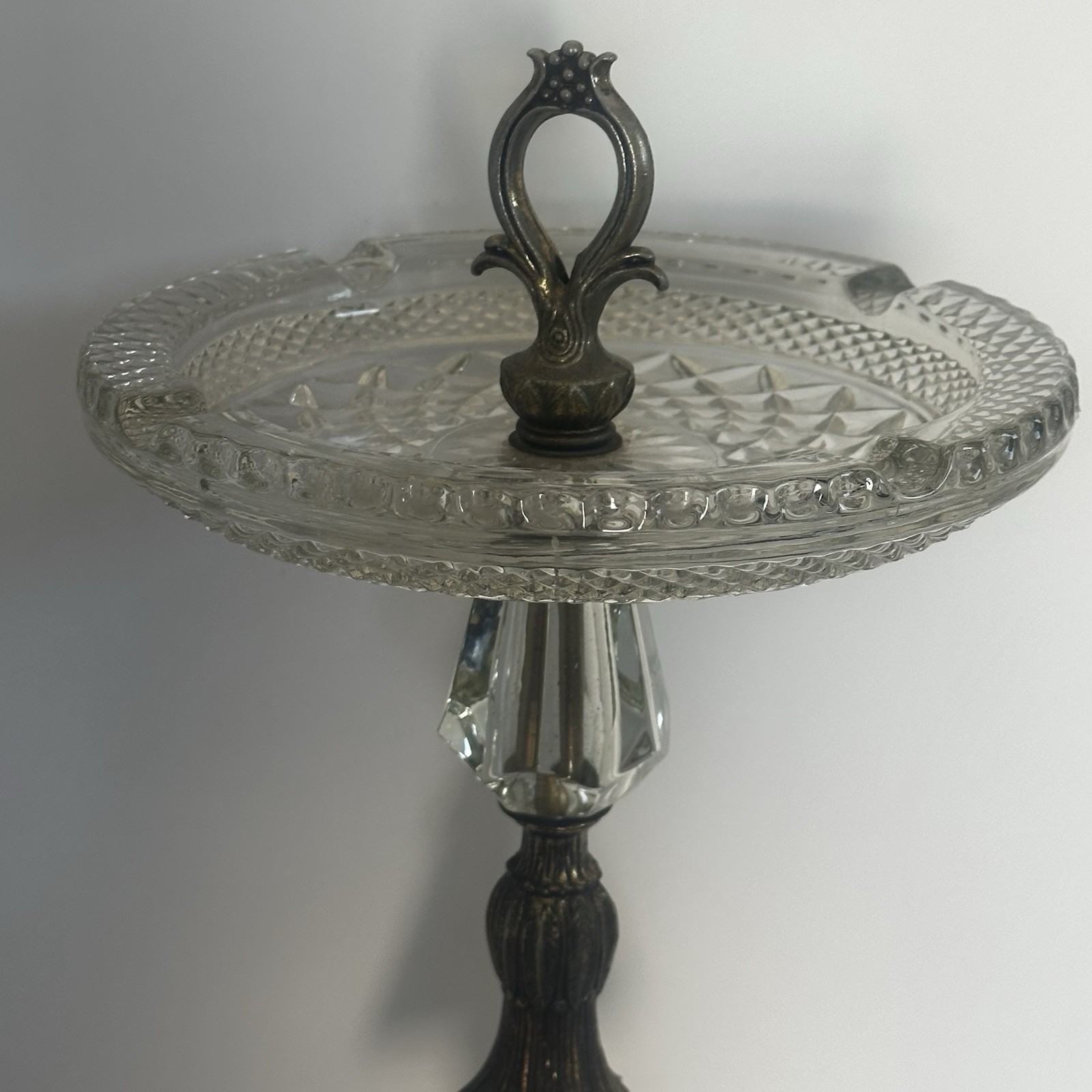 Vintage Cut Glass Standing Ashtray Brass Marble Regency Glam Nice Patina EUC