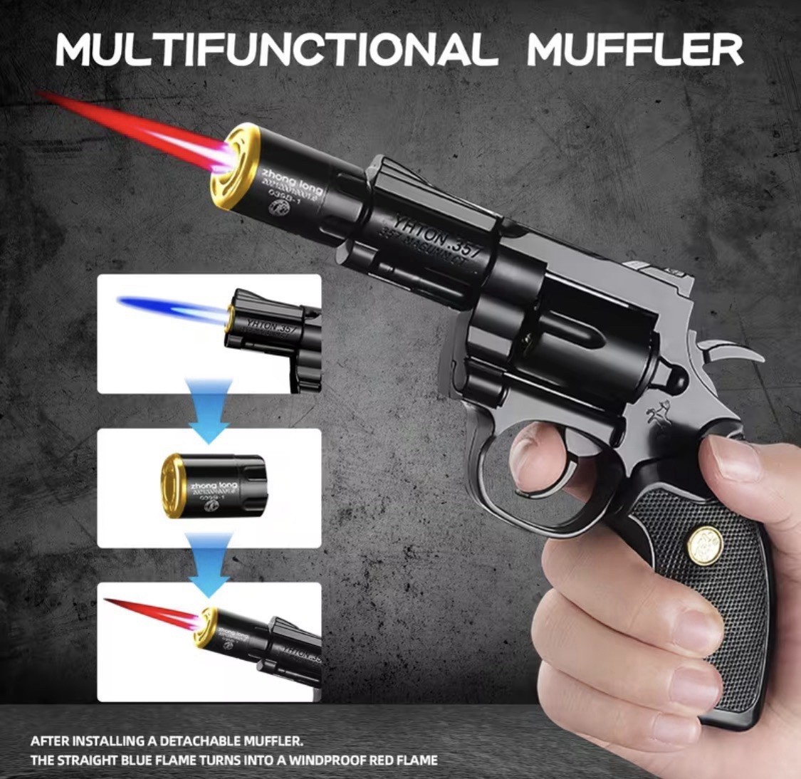 Gun-Shaped Lighter, Black Gold, butane, muffler, collectible novelty
