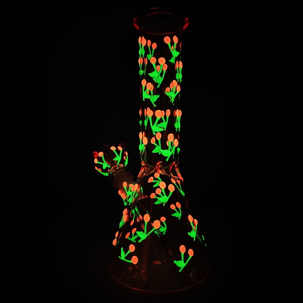 10″ Glow in the Dark Cherry Glass Bong Pink Beaker Water Pipe w/Bowl USA Stock