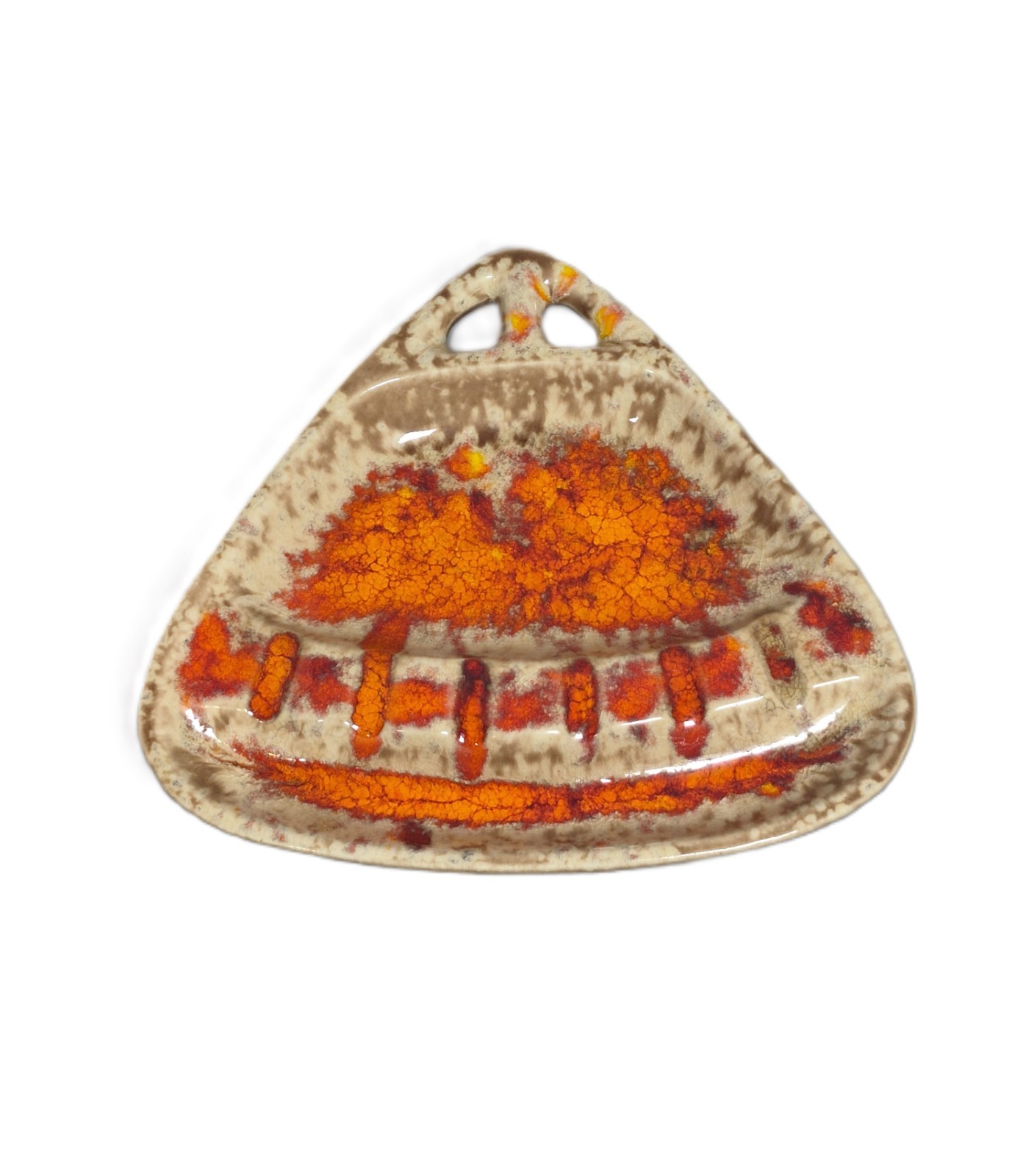 USA POTTERY Vintage Ashtray Triangular Orange/Beige Brown Drip Glaze READ