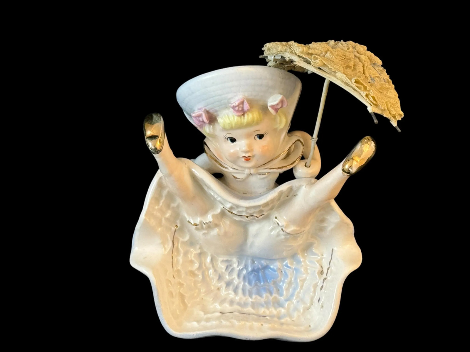 Vintage Whoopsie Daisy Ashtray with Parasol, Cheeky Girl Novelty Ceramic Trinke