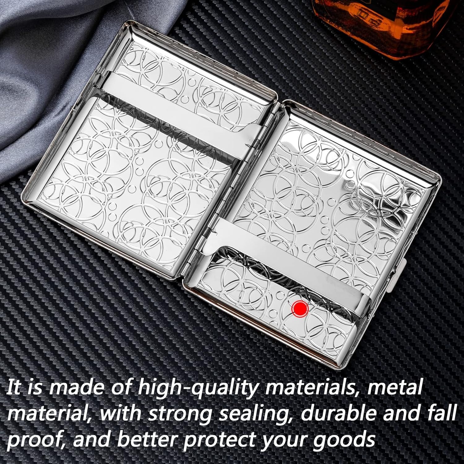 Lightweight Silver Case for 20 King Size Items, Compact Spring Clip Holder