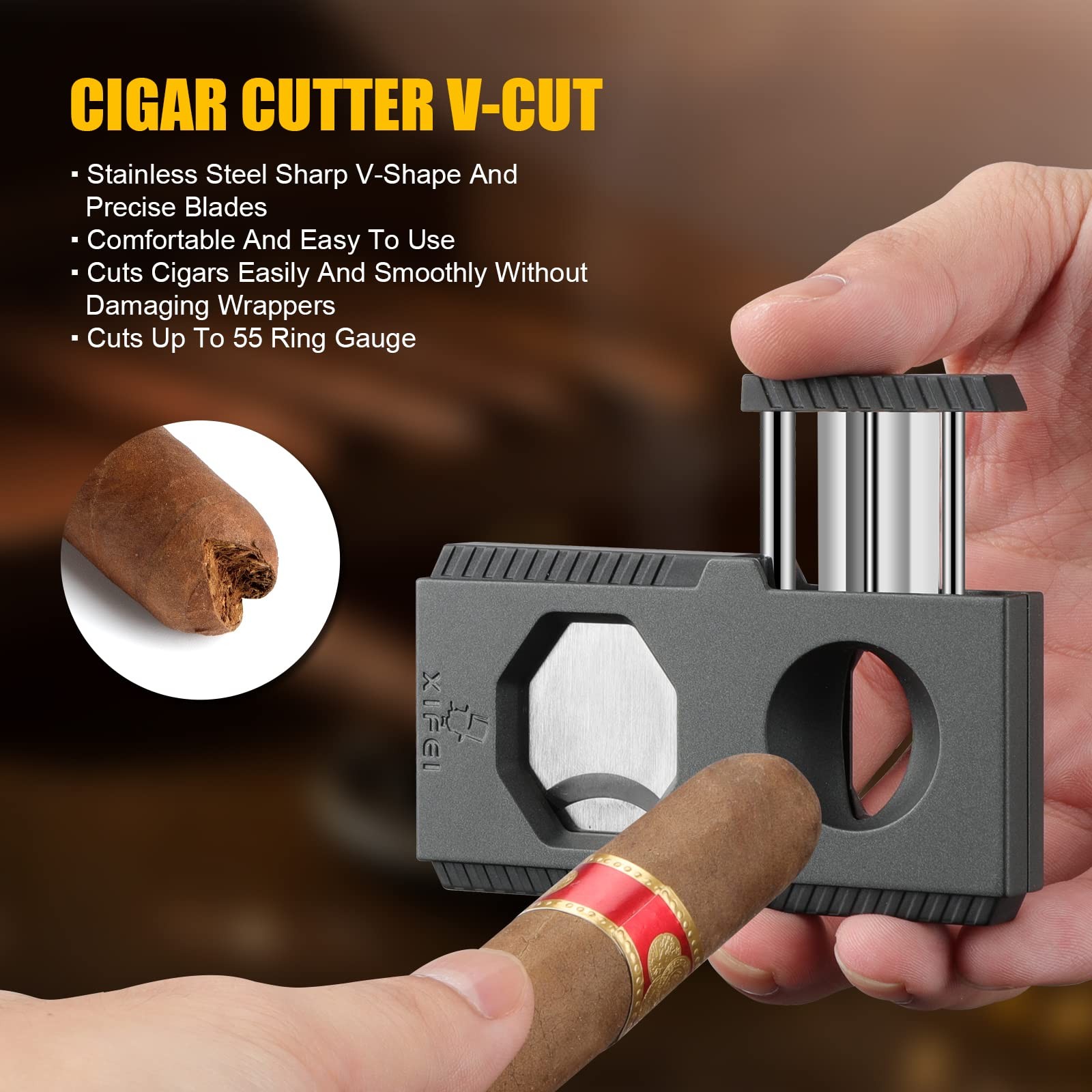 XIFEI Cigar Cutter V-Cut Guillotine 3 in 1 3.46” x 1.85” x 0.51”, Black