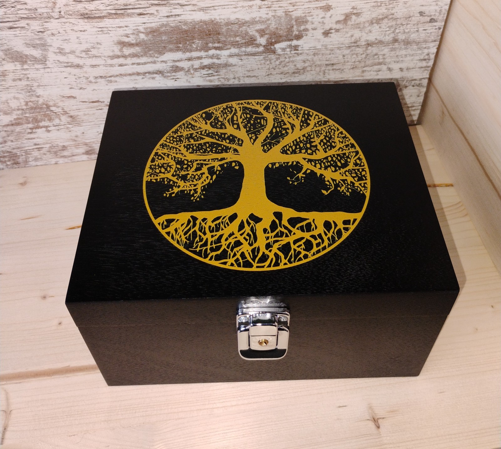 Large wooden Tree Of Life Stash box with rolling tray and accessories