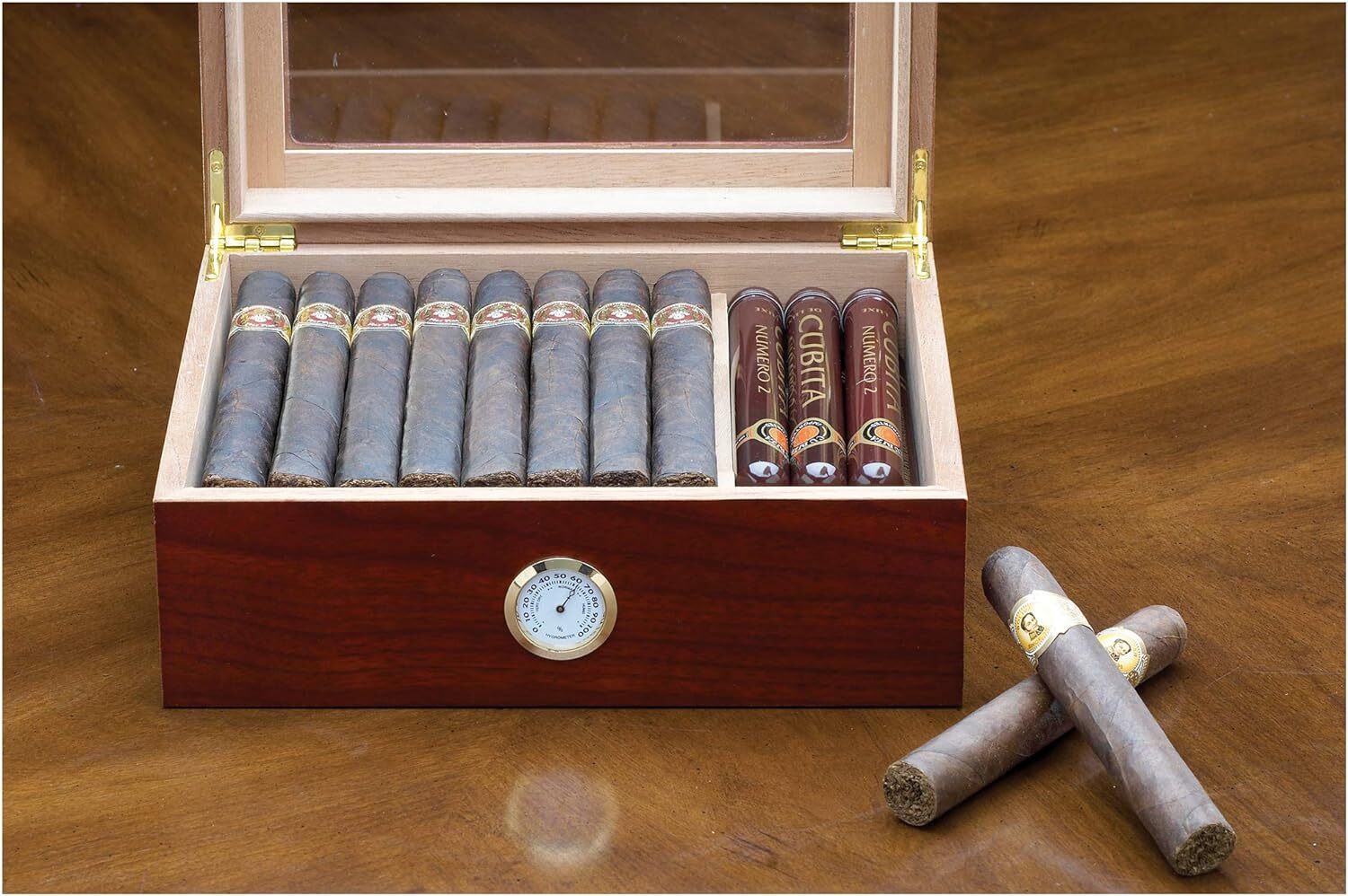Prestige Import Group Chalet Glass Top Desktop Cigar Humidor with Hygrometer and