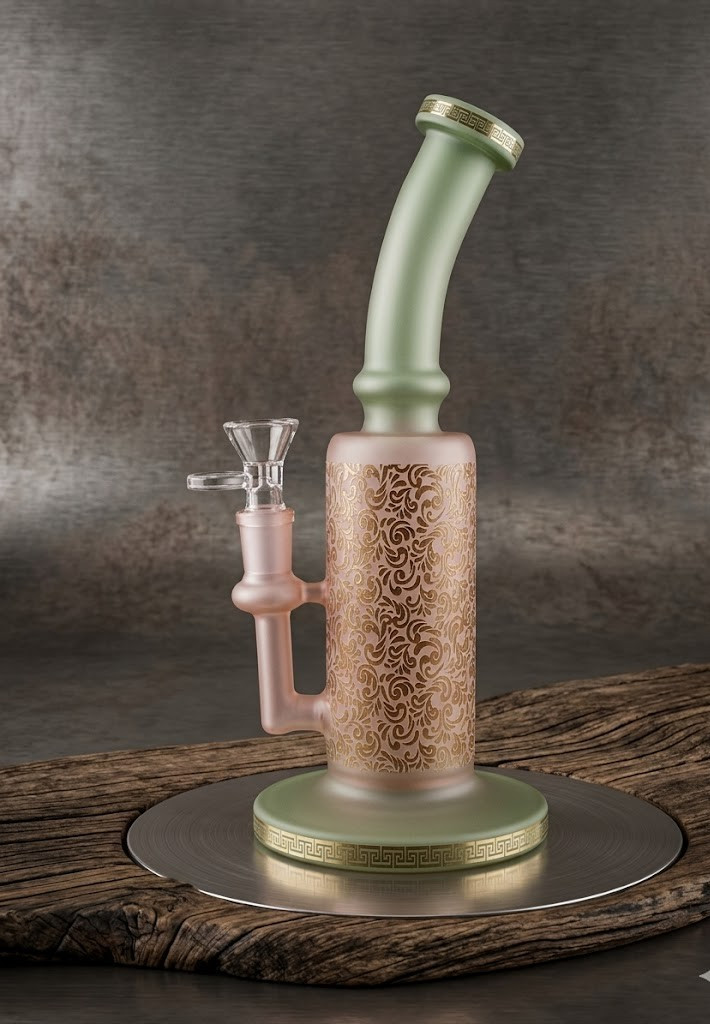 10″ Gold Green Hand-Carved Glass Water Pipe with 14mm Round Handle Bowl