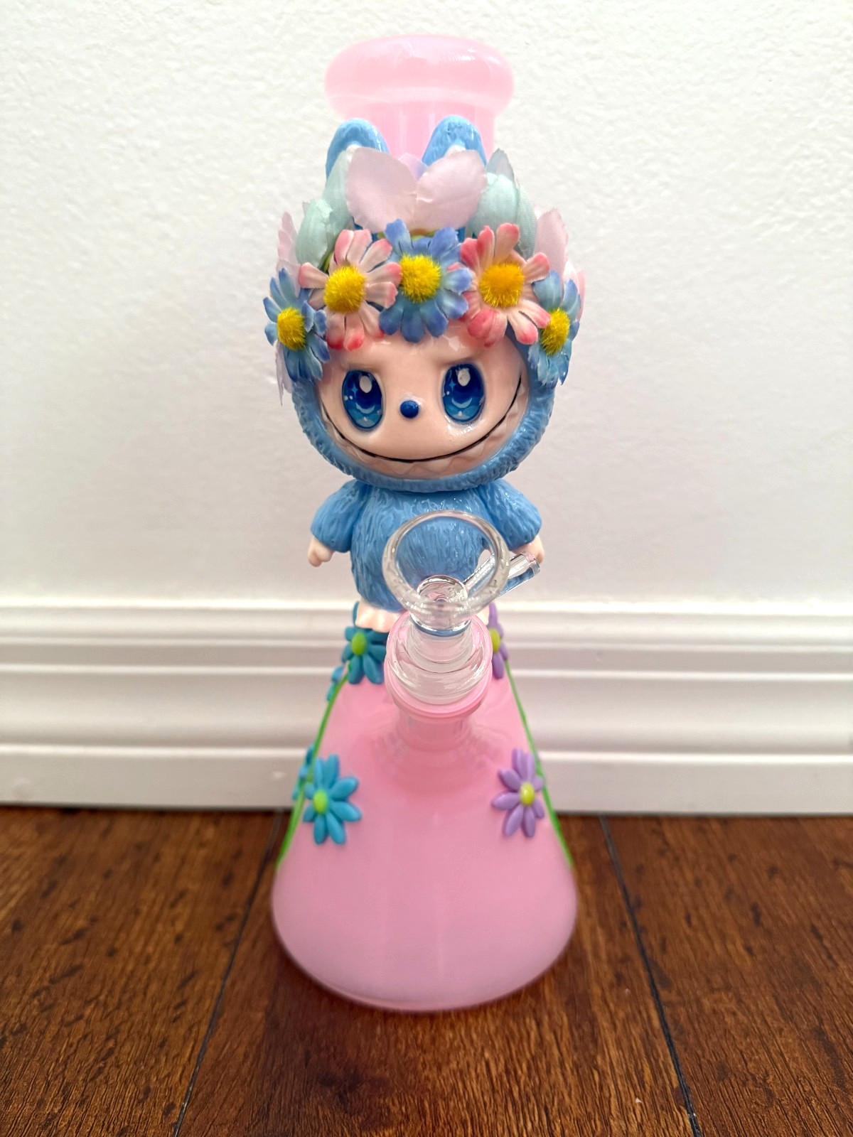 10.5″ Premium Glass Water Pipe Labubu Doll Purple Floral Glowing 14mm