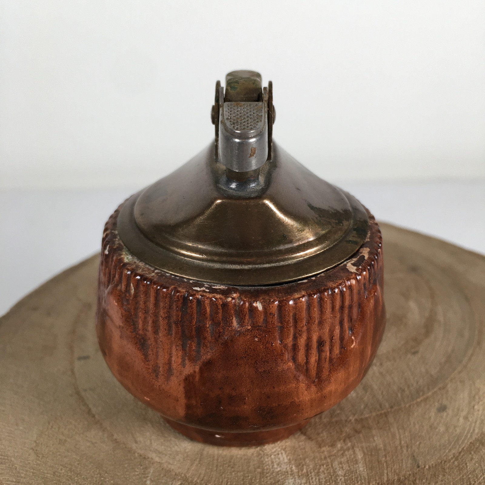 Vintage Brass & Wood Hand Carved Ornate Tabletop Cigarette Lighter