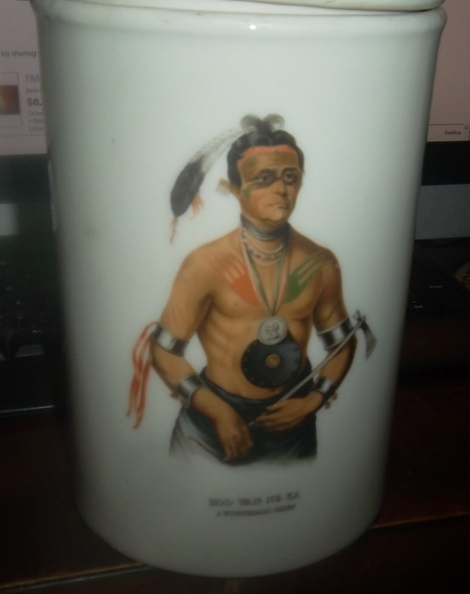 Gold Label 1886 Porcelain Tobacco Jar Native American Chief Hoo-Wan-Ne-Ka