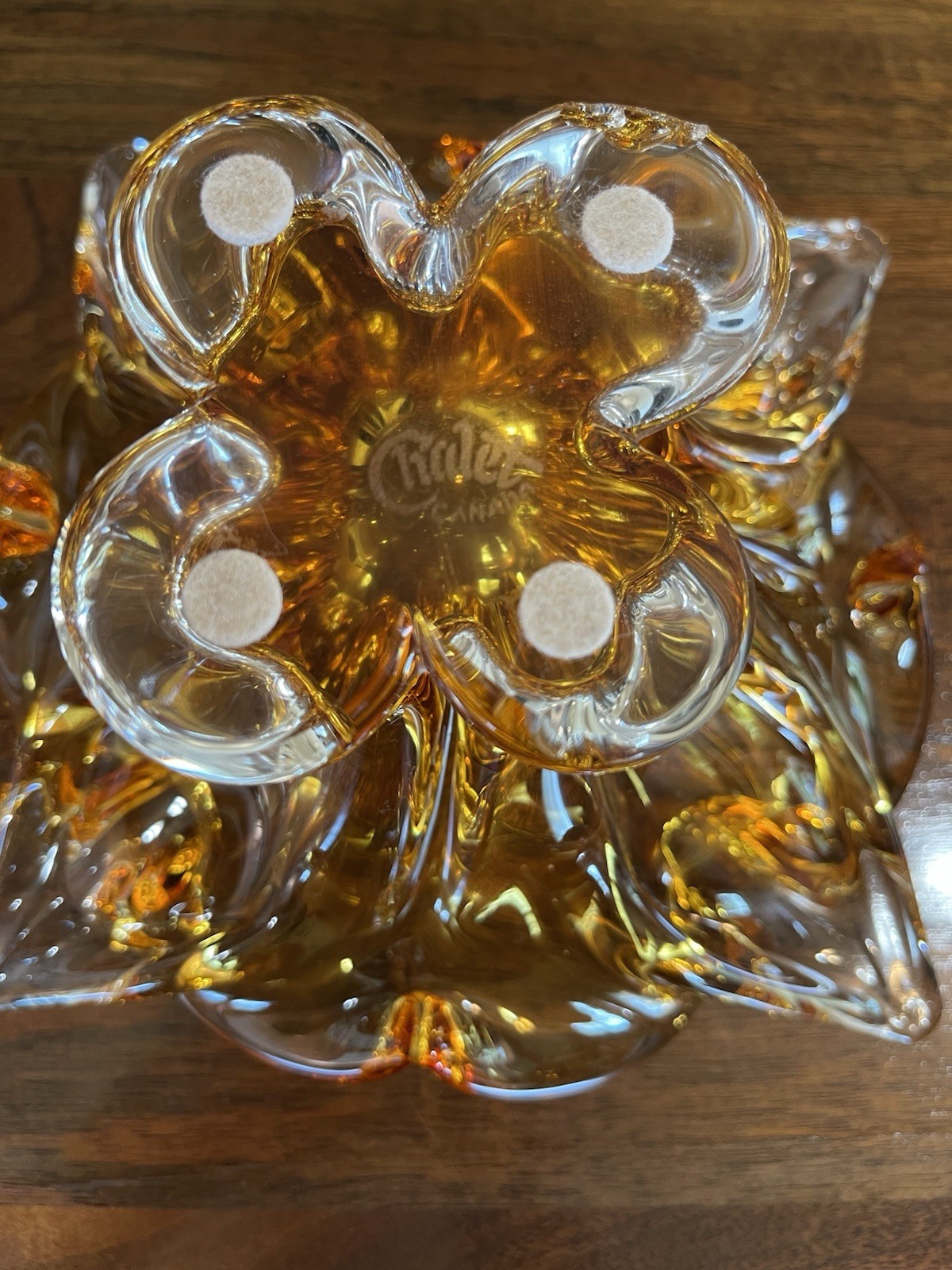 Vintage Chalet Amber & Clear Glass Ruffled Flower Ashtray 10″ Long x 4″ Tall