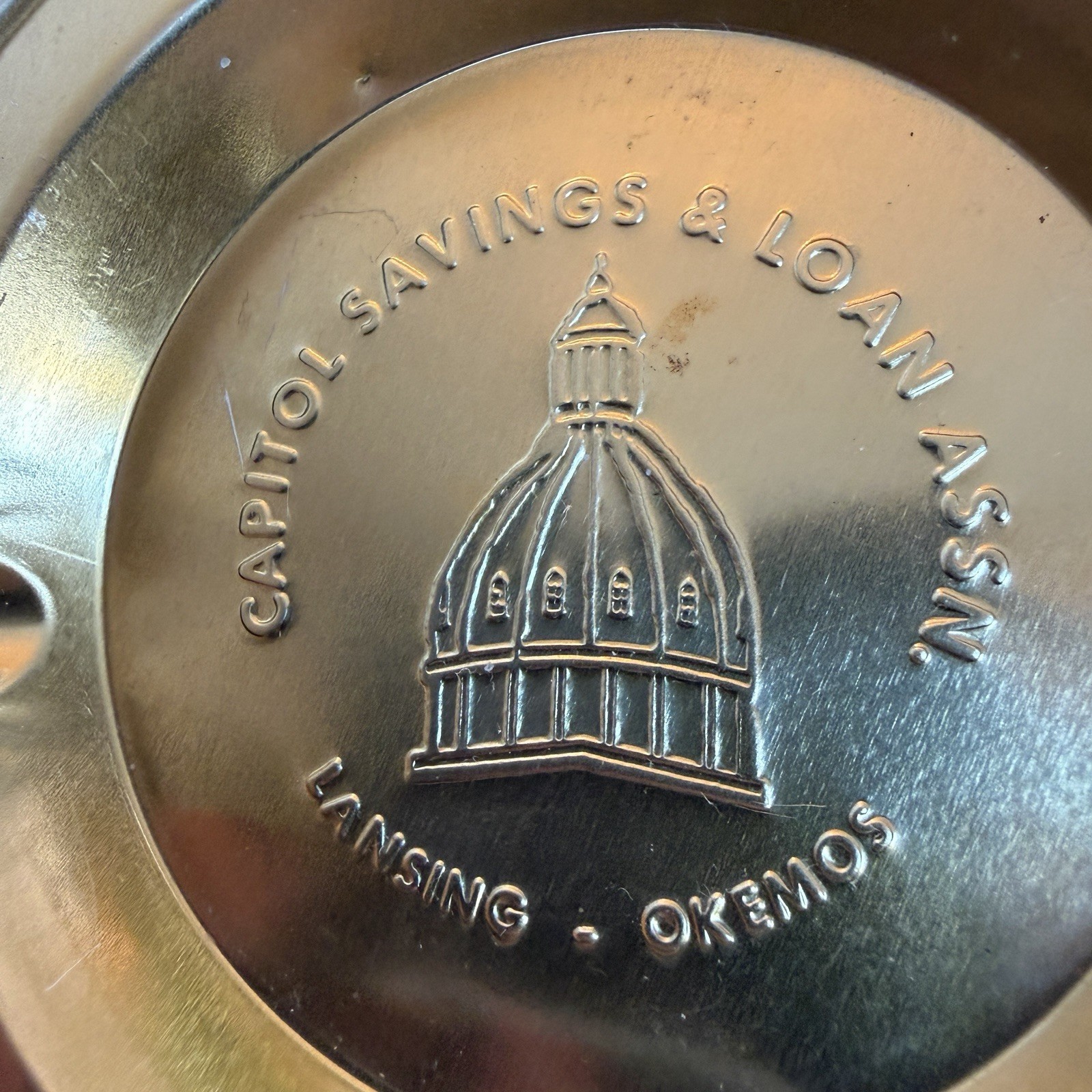 Vintage First Capitol Savings and Loan Advertising Ashtray- MCM Aluminum Gold