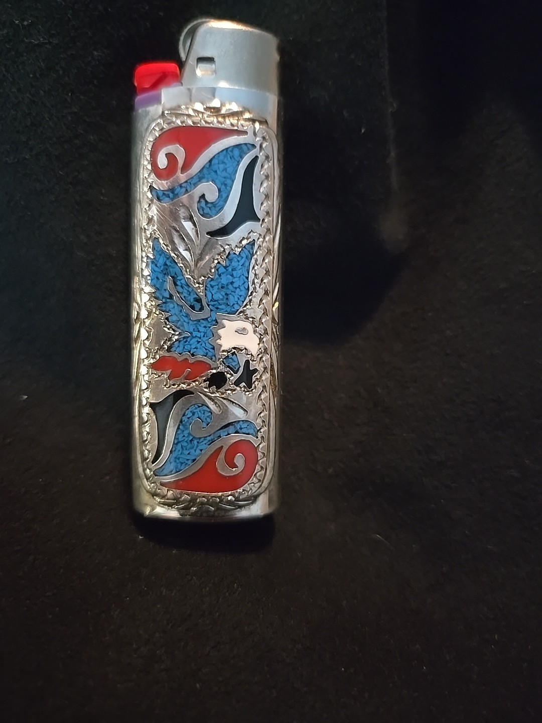 Vtg Lighter Case EAGLE Silver Coral Turquoise Western Cover Holder fits Bic