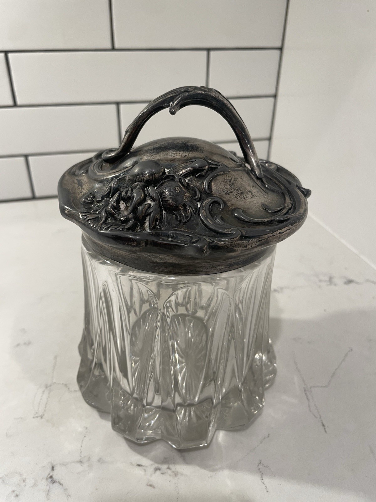 Antique Art Nouveau Tobacco Humidor Jar 8 Panel Glass Ornate Metal Lid 1890-1915