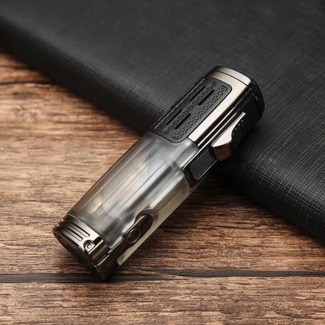 HONEST Clear Metal Butane Lighter Windproof Gas Torch Triple Flame Cigar Cutter
