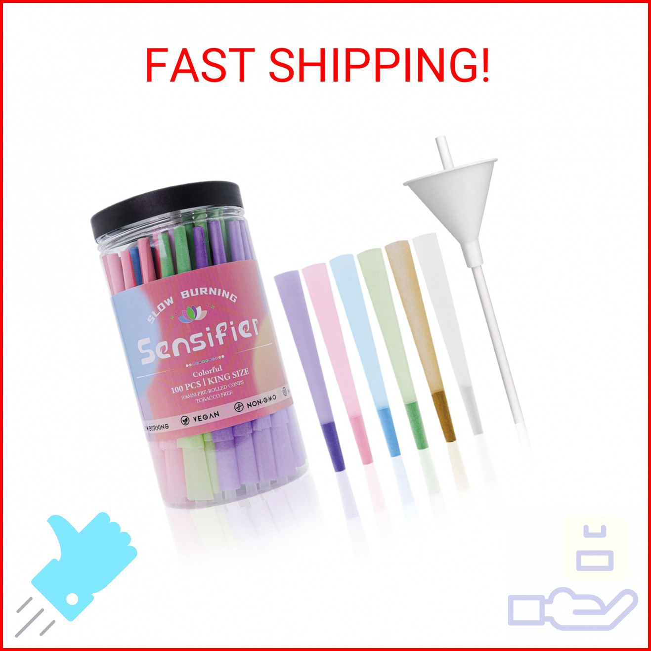 100 PACK Colorful Pre Rolled Cones| King Size Rolling Paper Cone with Loader and