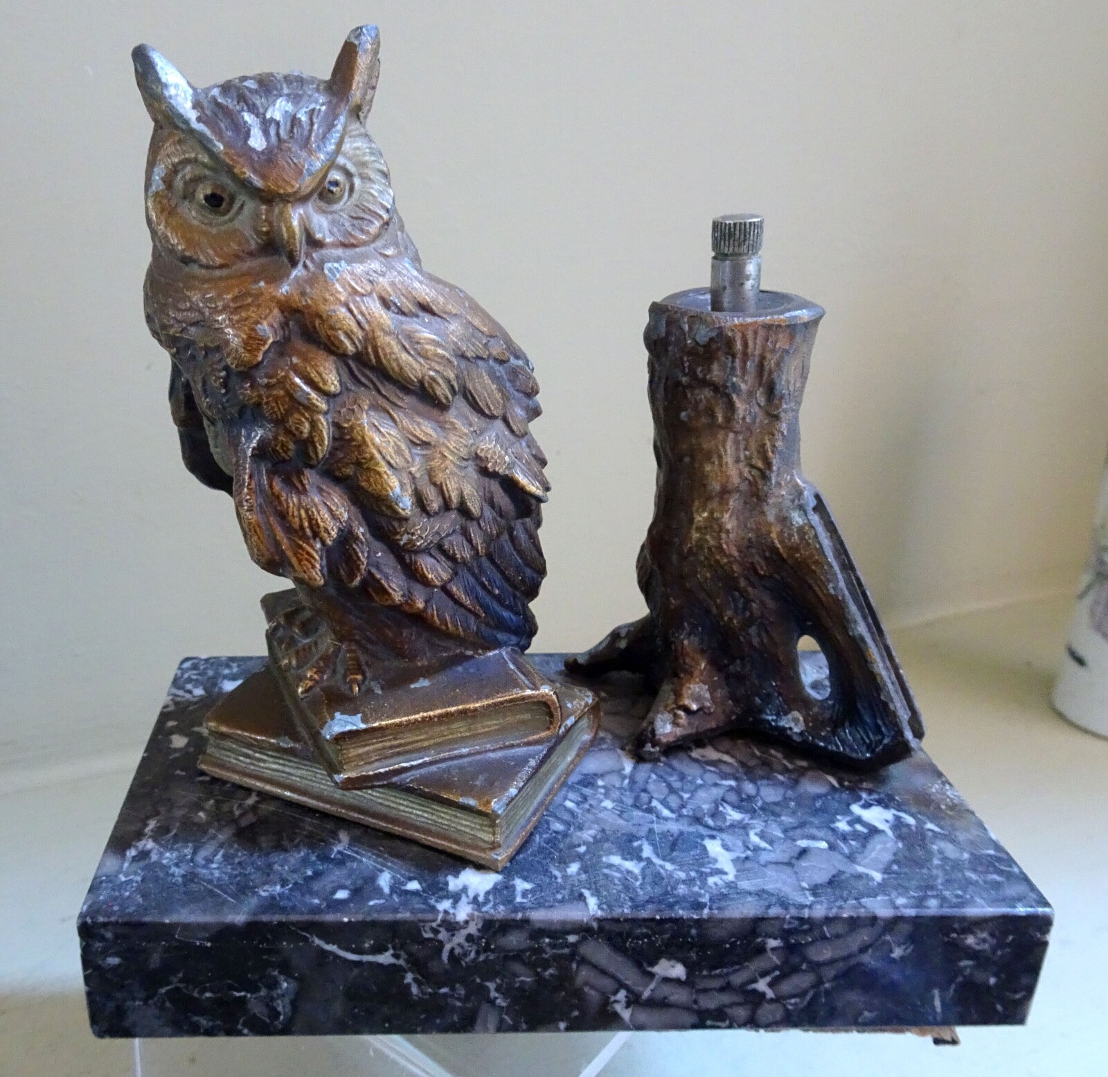ANTIQUE COLD PAINTED OWL TABLE LIGHTER/STRIKER IN THE STYLE OF BERGMAN