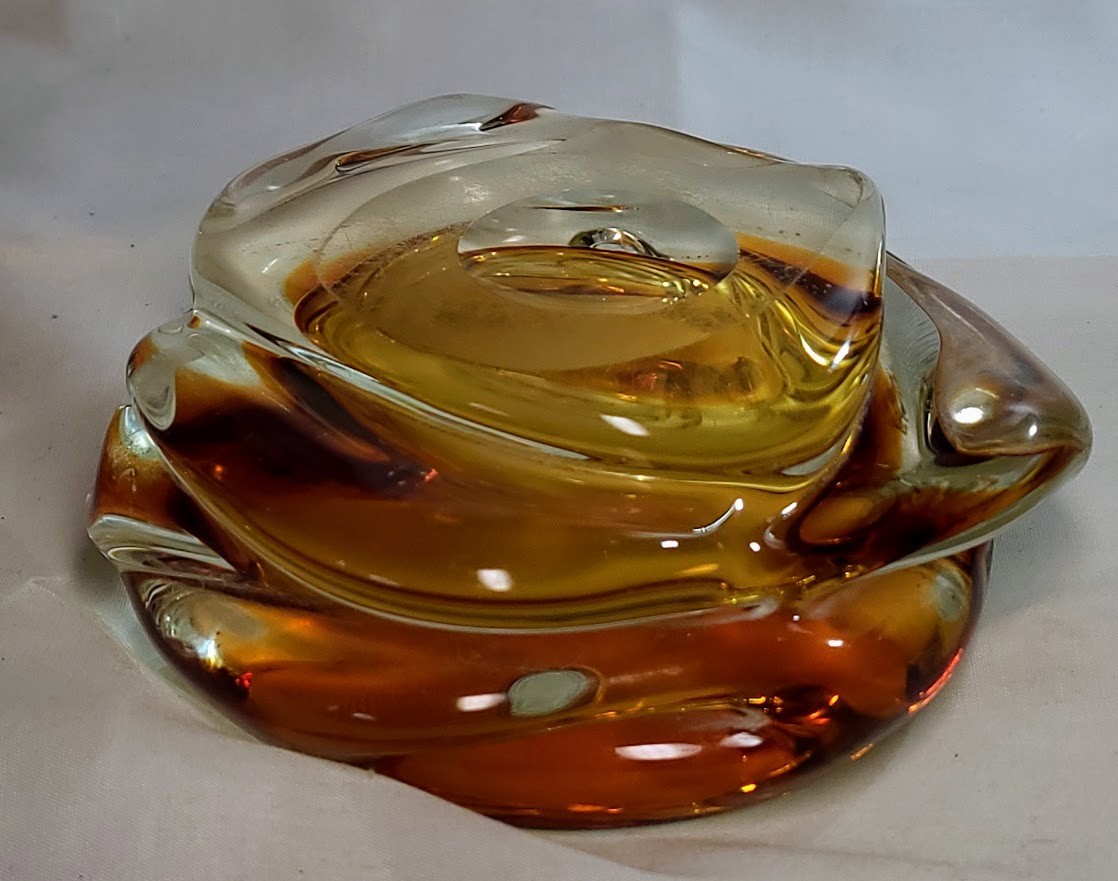 Murano Sommerso Amber Clear Glass Swirl Table Lighter and Ashtray Matching Set