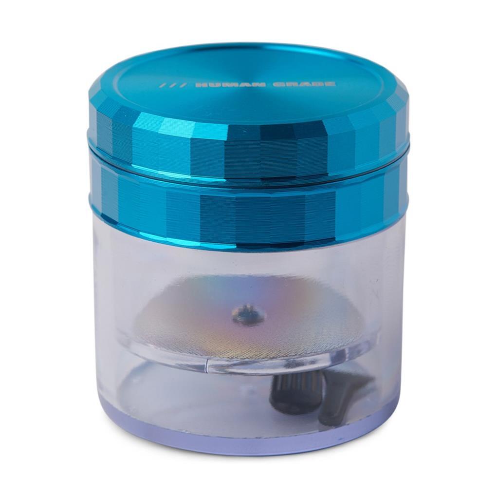 Human Grade Storage Grinder 4 Pc 2.5″ LIGHT BLUE Aluminum Clear Plastic w Screen