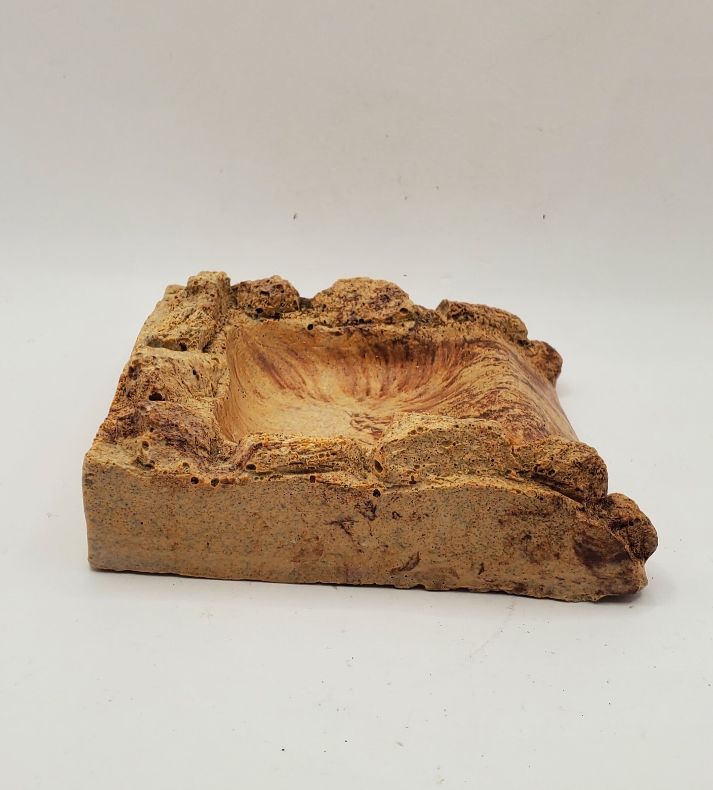 Vintage Handmade SandStone Pottery Brown Beige Stone-shaped Ashtray 4.5 × 5 In