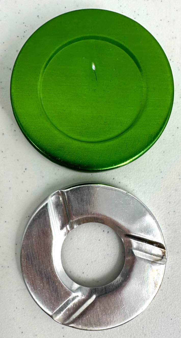 Mid-Century Modern Round Green Metalware Aluminum Ashtray With Silver Metal Lid