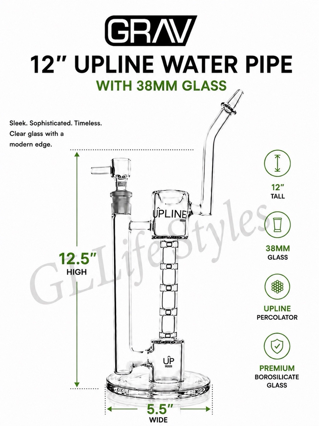 GRAV® Upline® 12” Water Pipe, Thick 38mm Glass Tubing, Bubbler Chambers Cool!