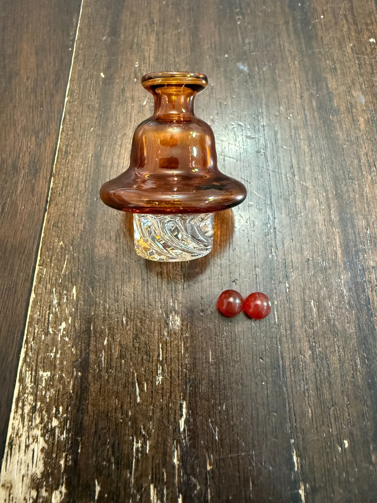 Glass Airflow Directional Spinner Bowl Cap – Wide 25mm Amber w/ Red Ruby Beads