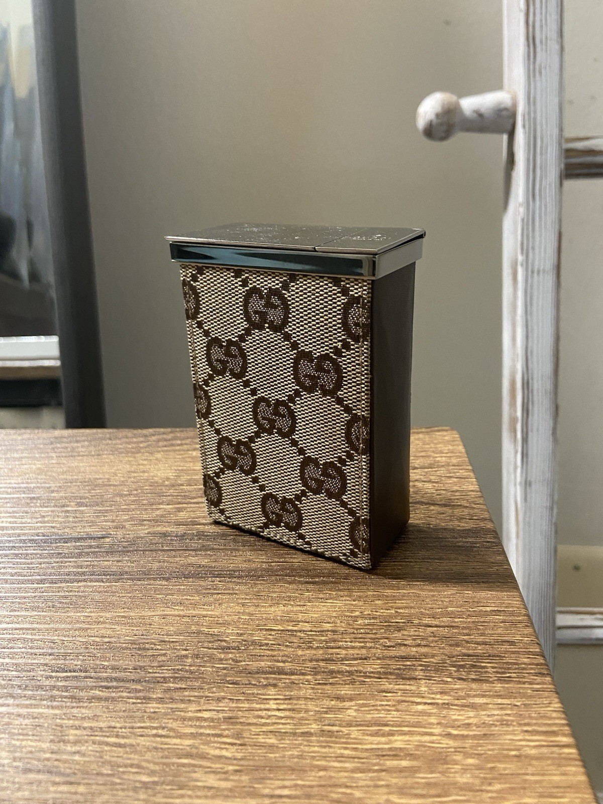 Gucci GG Beige Web Canvas Brown Leather Metal Snap Top Cigarette Case, Good