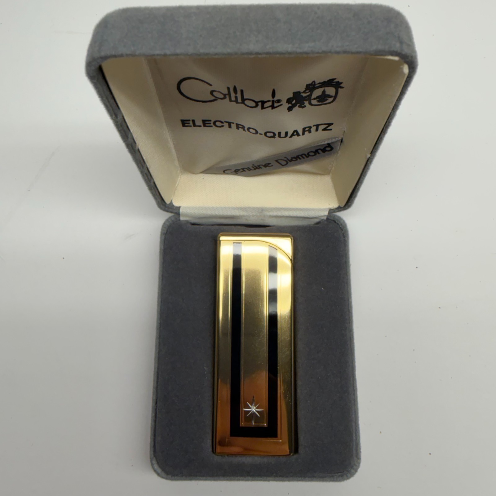 Vtg COLIBRI Electro Quartz Lighter Gold Black Tone in Original Box – UNTESTED