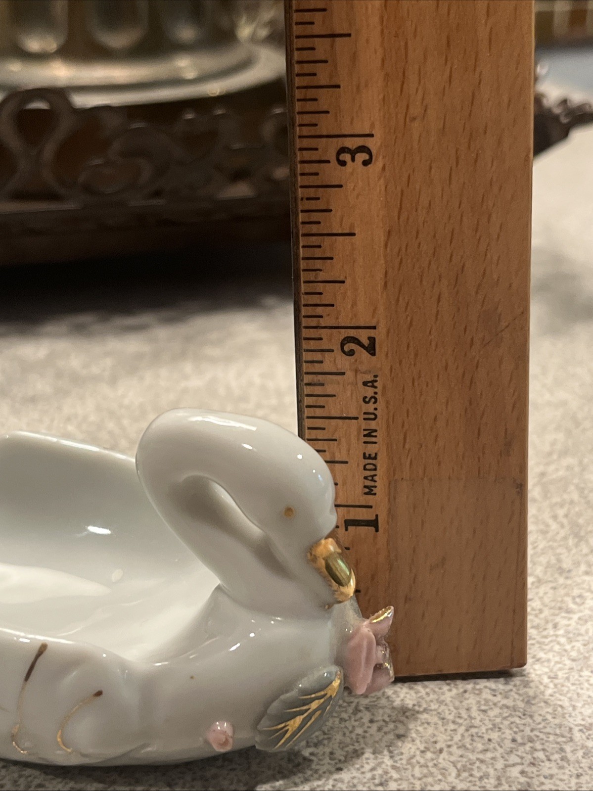 Vintage White Swan Ashtray Porcelain Ceramic Gold Glitter Pink Roses Trinket 50s