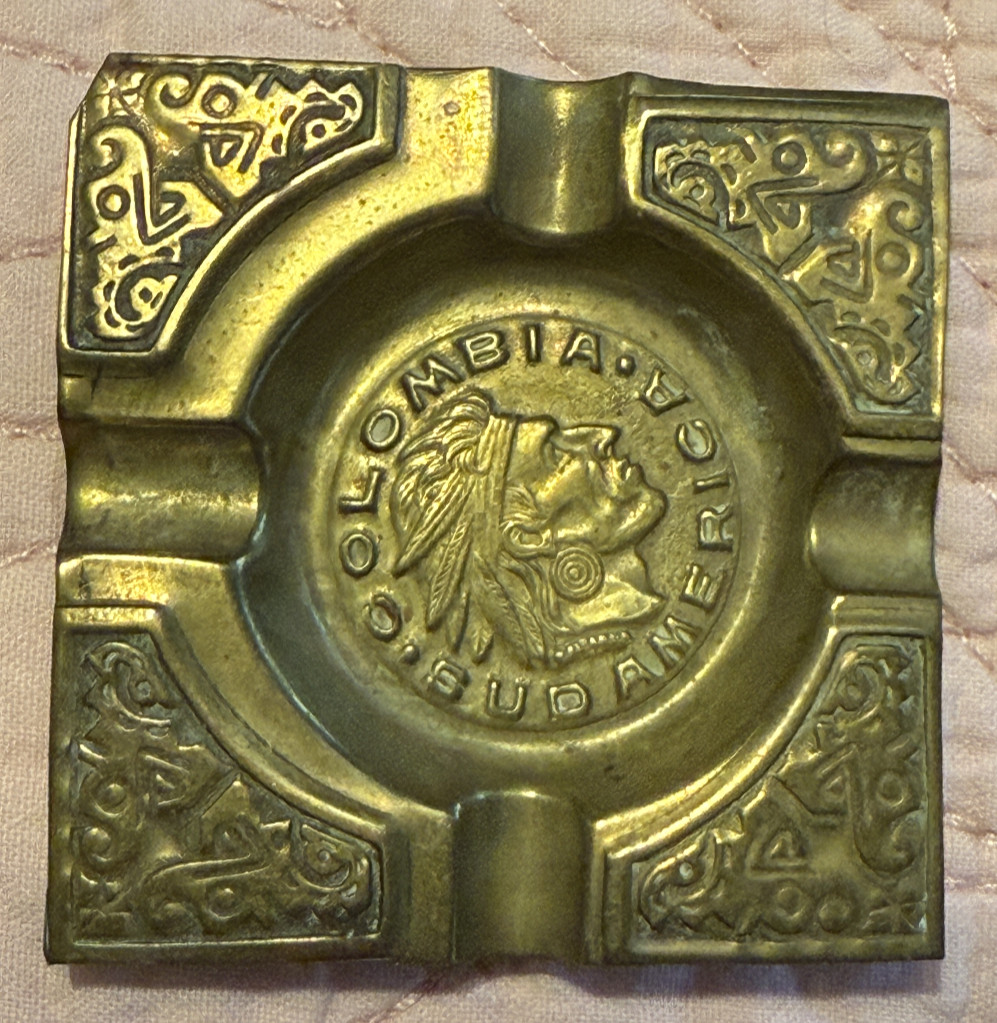 Vintage Stamped Brass Colombia Sud America Small Travel Cigarette Ashtray