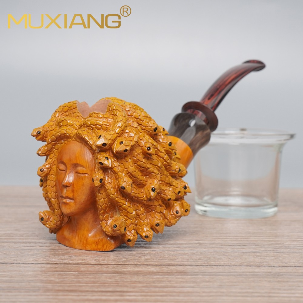 MUXIANG Handmade Rustic Tobacco Pipe Carved High-end Freehand Pipe Medusa Pipe