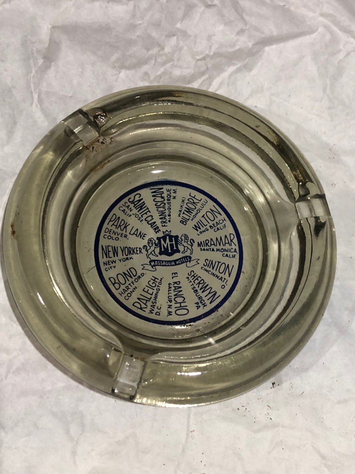 Vintage Glass Ashtray Massaglia Hotels multiple cities