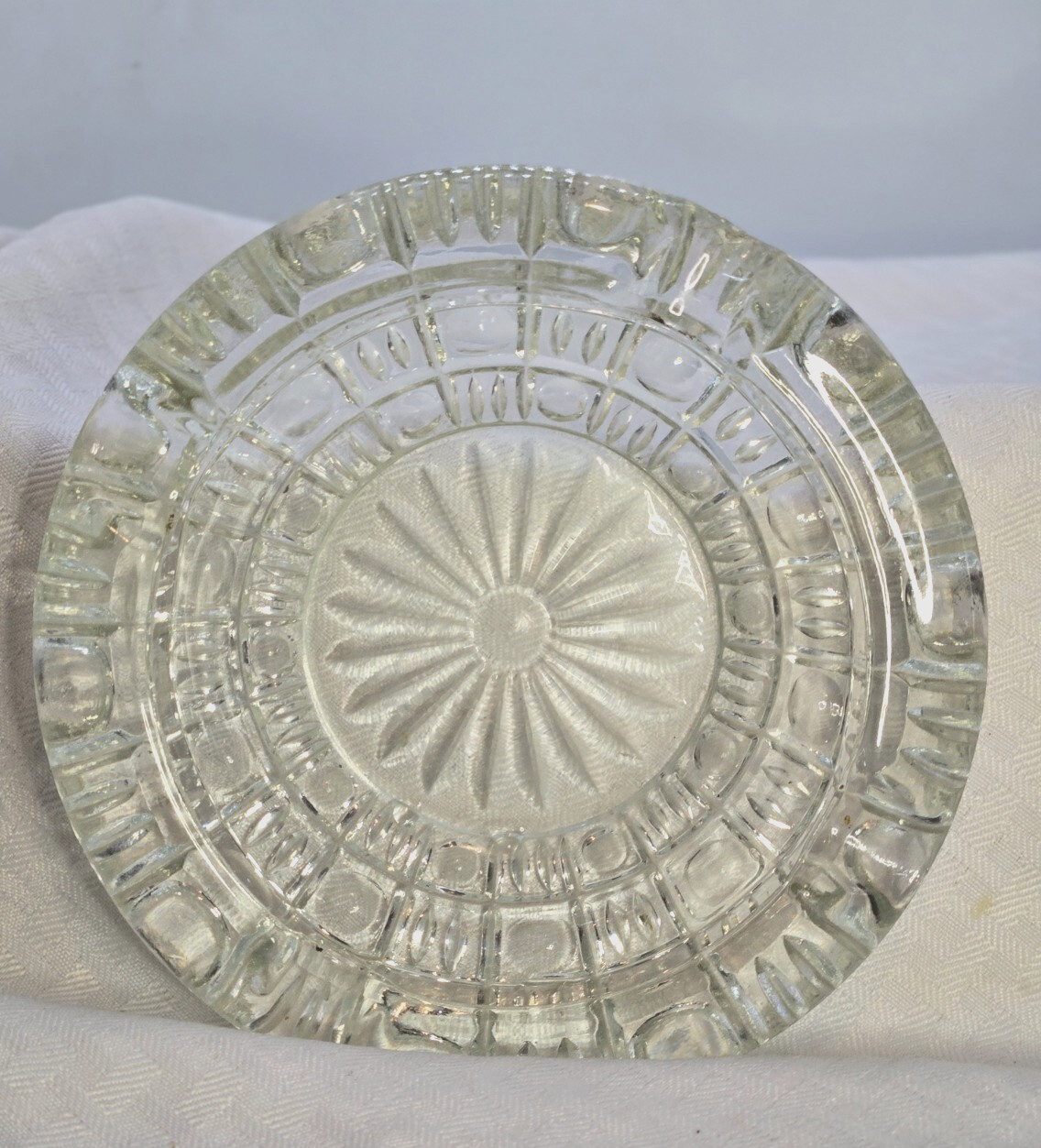 Set of three Vintage Cut Clear Glass Ashtrays -Daisy Flower Center Trinket Dish