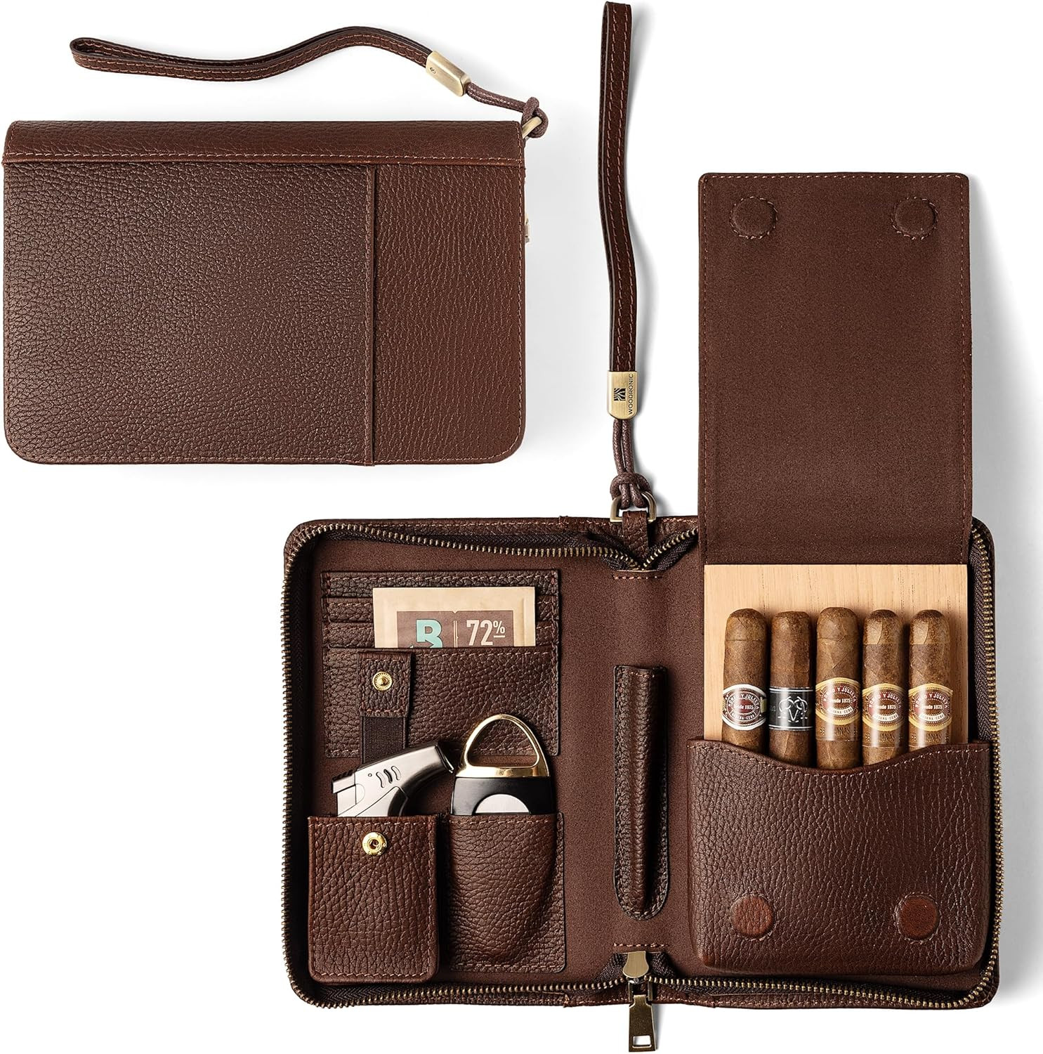 Genuine Leather Cigar Humidor Case for 5-10 Cigars with Accessories & Phone Pock