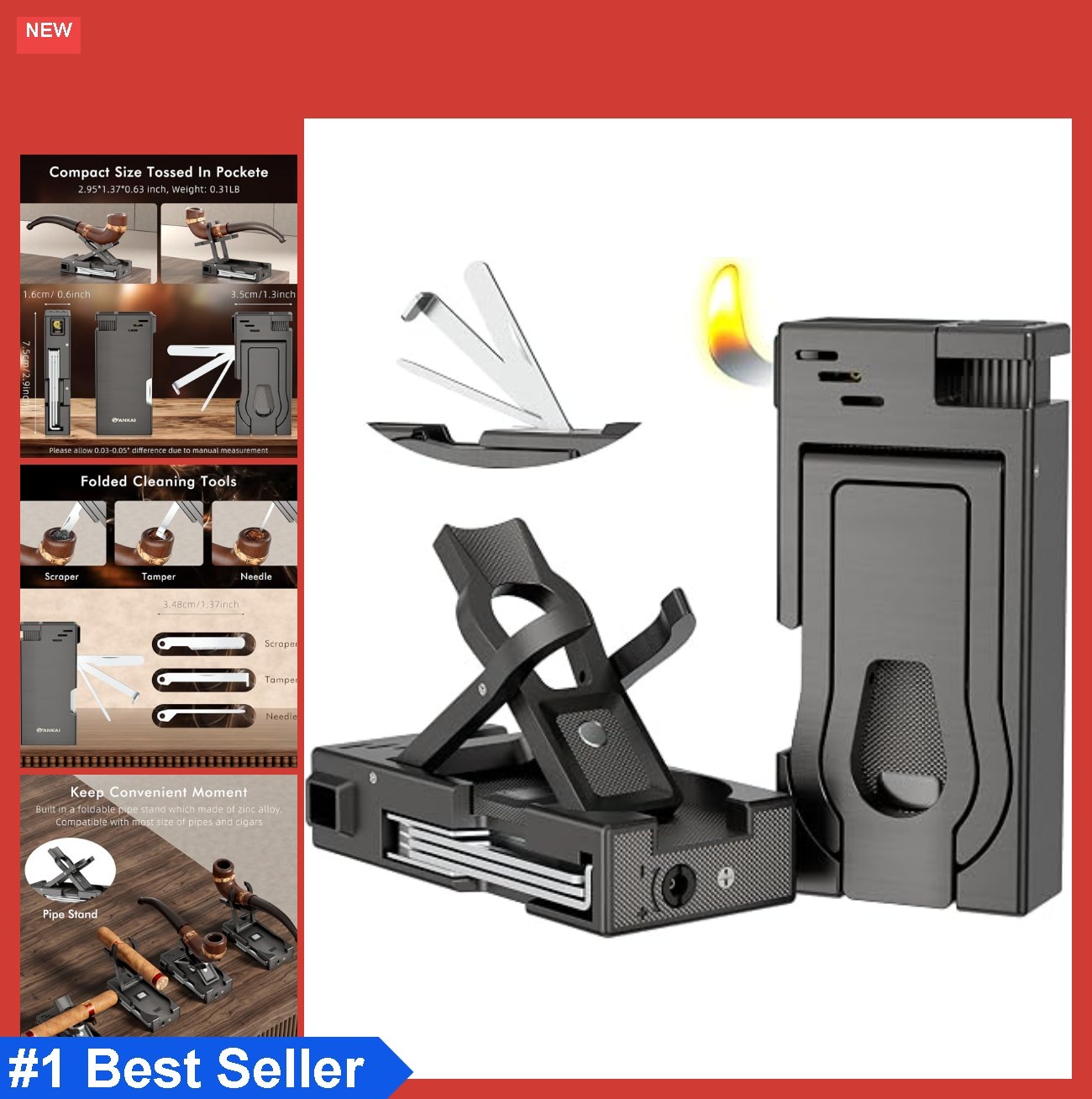 Pipe Lighter Refillable Butane Built-in Stand Scraper Tamper Needle Soft Flame