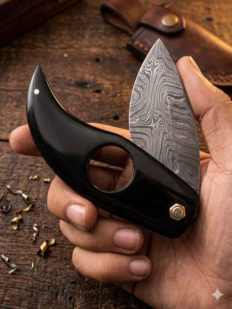 Handmade Damascus Cigar Cutter Buffalo Horn Handle w/ Leather Sheath Gift