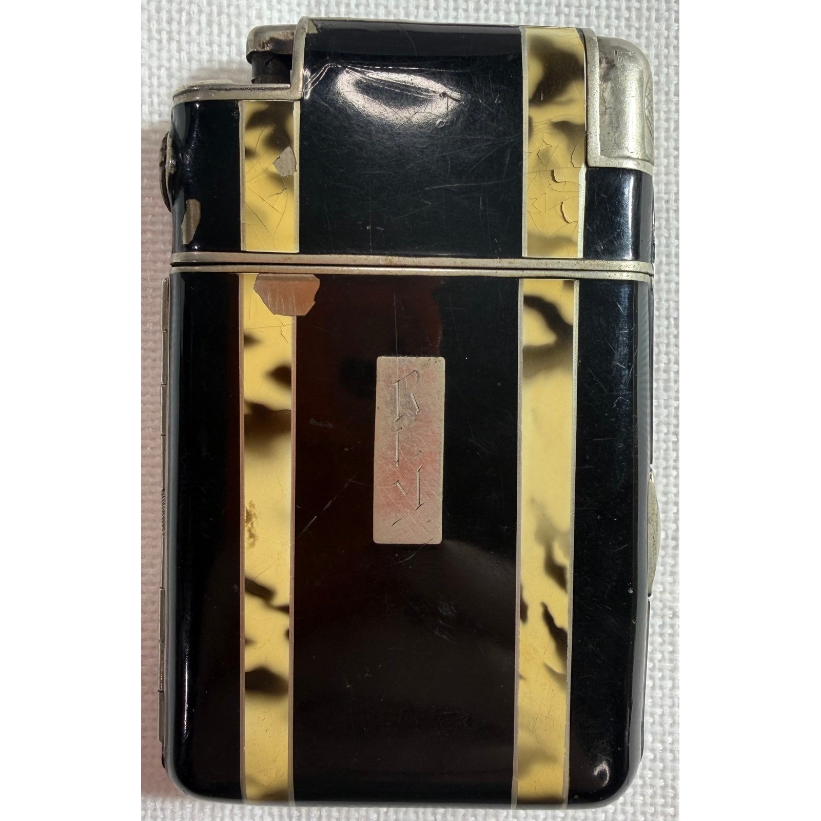 VTG Marathon Slide-A-Lite Cigarette Case Lighter Art Deco Enamel Tortoise Box
