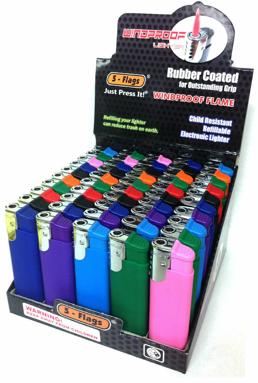 5-Flags® Rubber Coated Windproof Flame Electronic Lighter Refillable 50Pcs 80-86