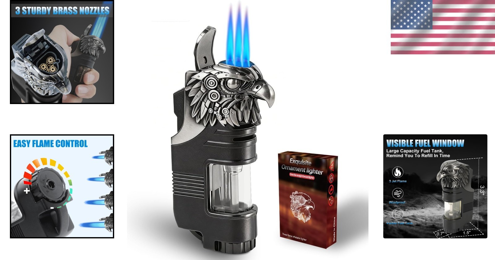 Mini Pocket Torch Lighter with Adjustable Flame and Eagle Head Decoration Black