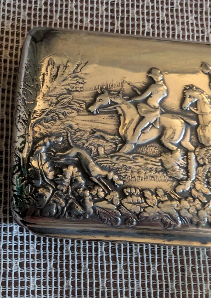 Vintage Silver Plated James Dixon & Sons Snuff Box England Hunting Scene 2.75 “