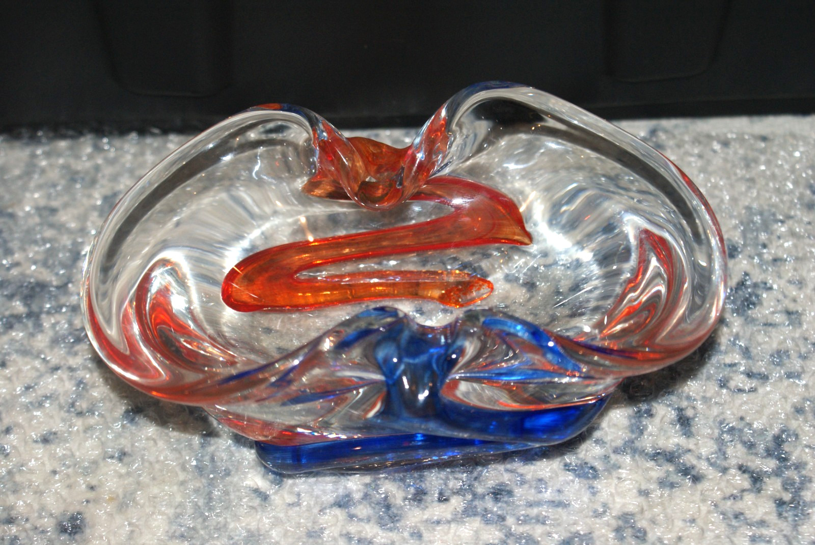 Vintage MCM Art Glass Bowl Ashtray Orange & Blue Murano Style Chalet?