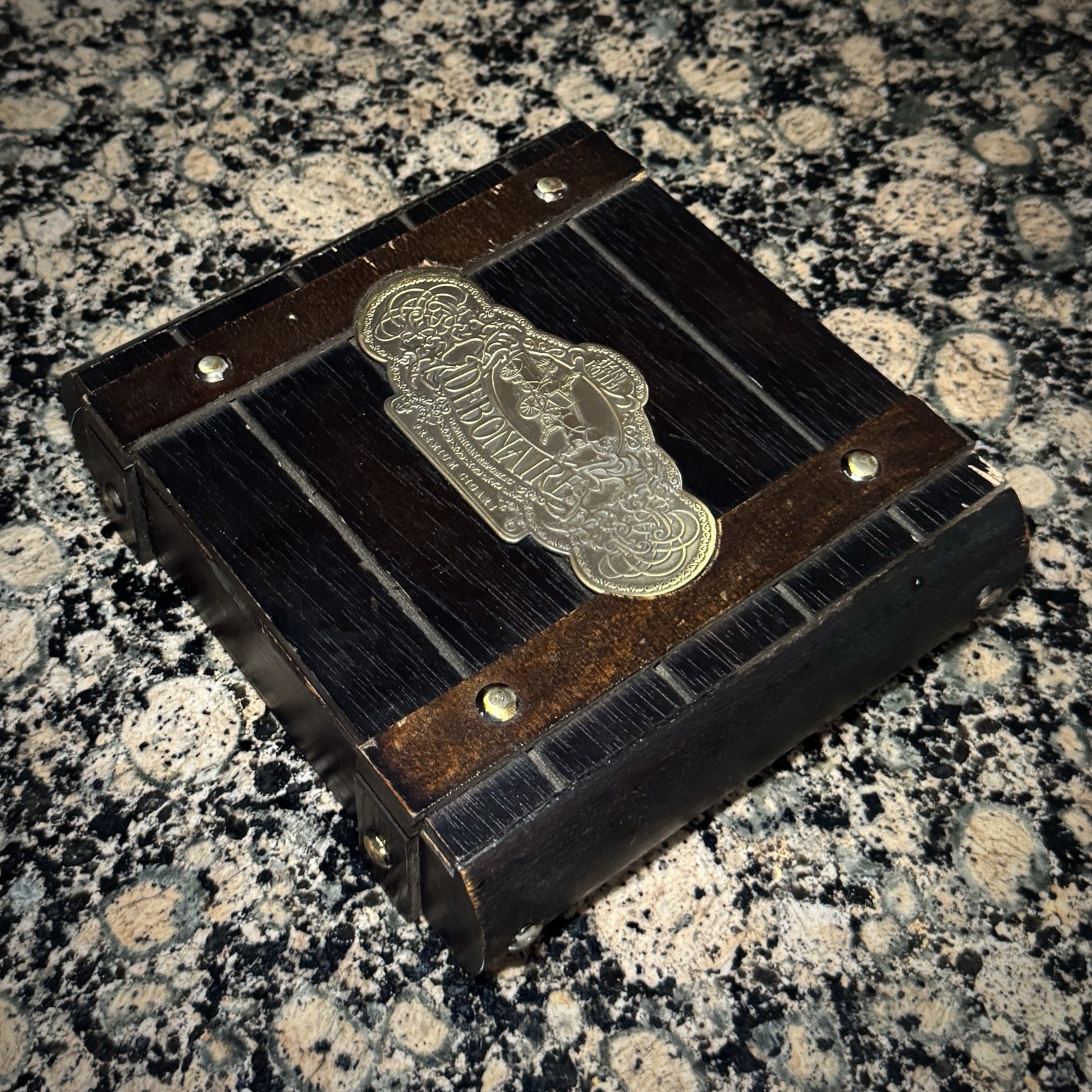 Debonaire Handmade Wooden Cigar Box 7in x 6in x 2in Brown with Metal Accents