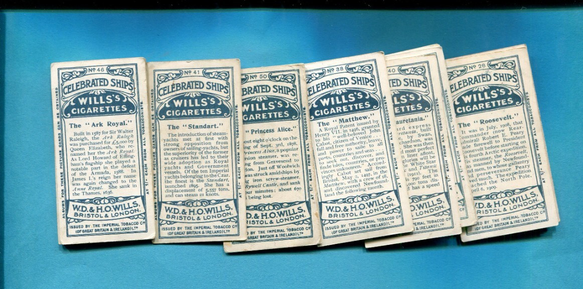 1911 W. D. & H. O. WILLS CELEBRATED SHIPS 15 DIFFERENT TOBACCO CARD LOT