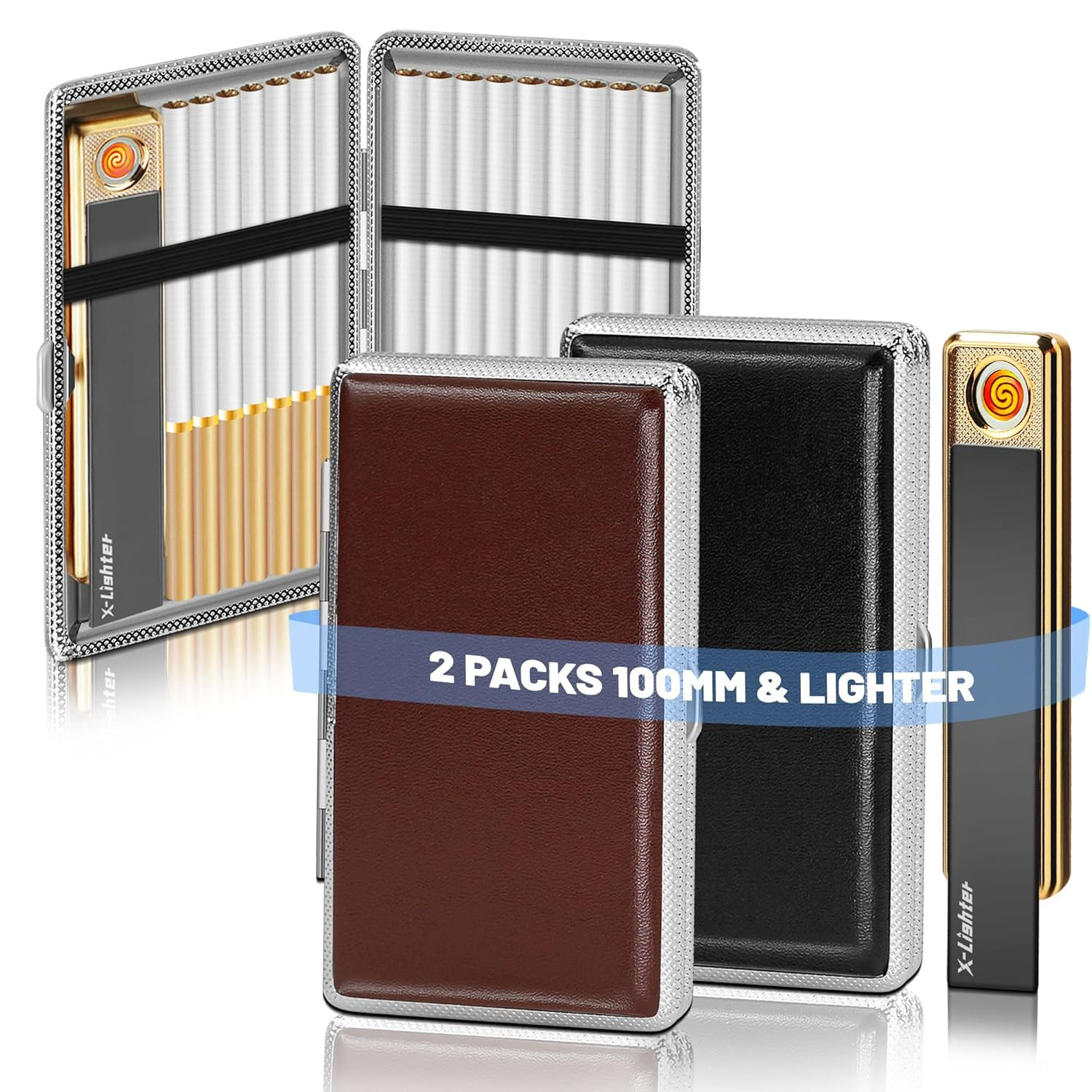 2 Pack of Cigarette Case with Lighter for 100’S King Size, Retro PU Leather 100M