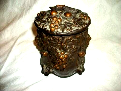 1880s Germany Tobacco Jar Humidor Majolica Grapes Brown Gold Antique Pottery