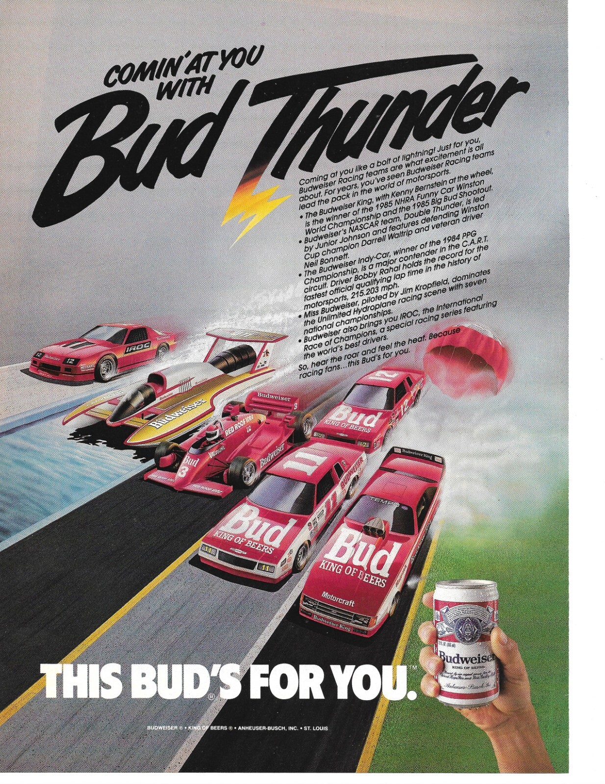 1986 Budweiser Print Ad “BUD THUNDER” NASCAR, NHRA, INDY RACING RACING TEAMS