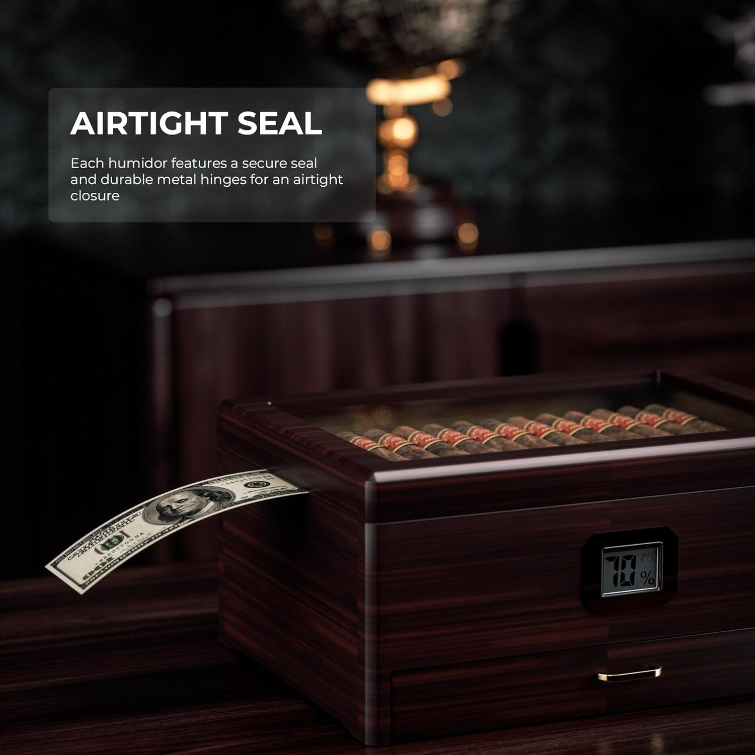 Elegant Cigar Humidor for 25–50 Cigars with Digital Hygrometer & Accessories
