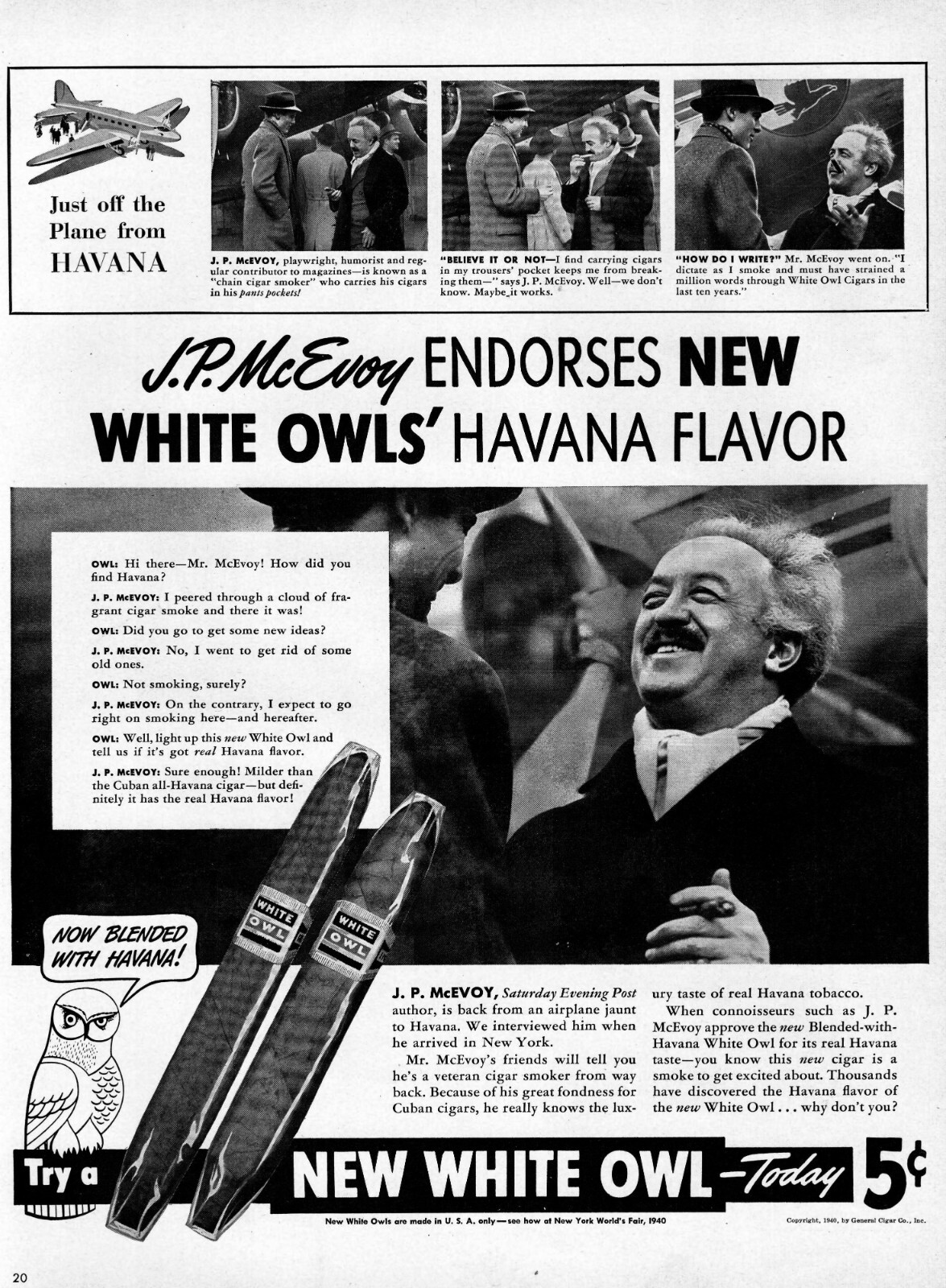 1940 White Owl Cigars Vintage Print Ad Author JP McEnvoy Endorses Havana Flavor