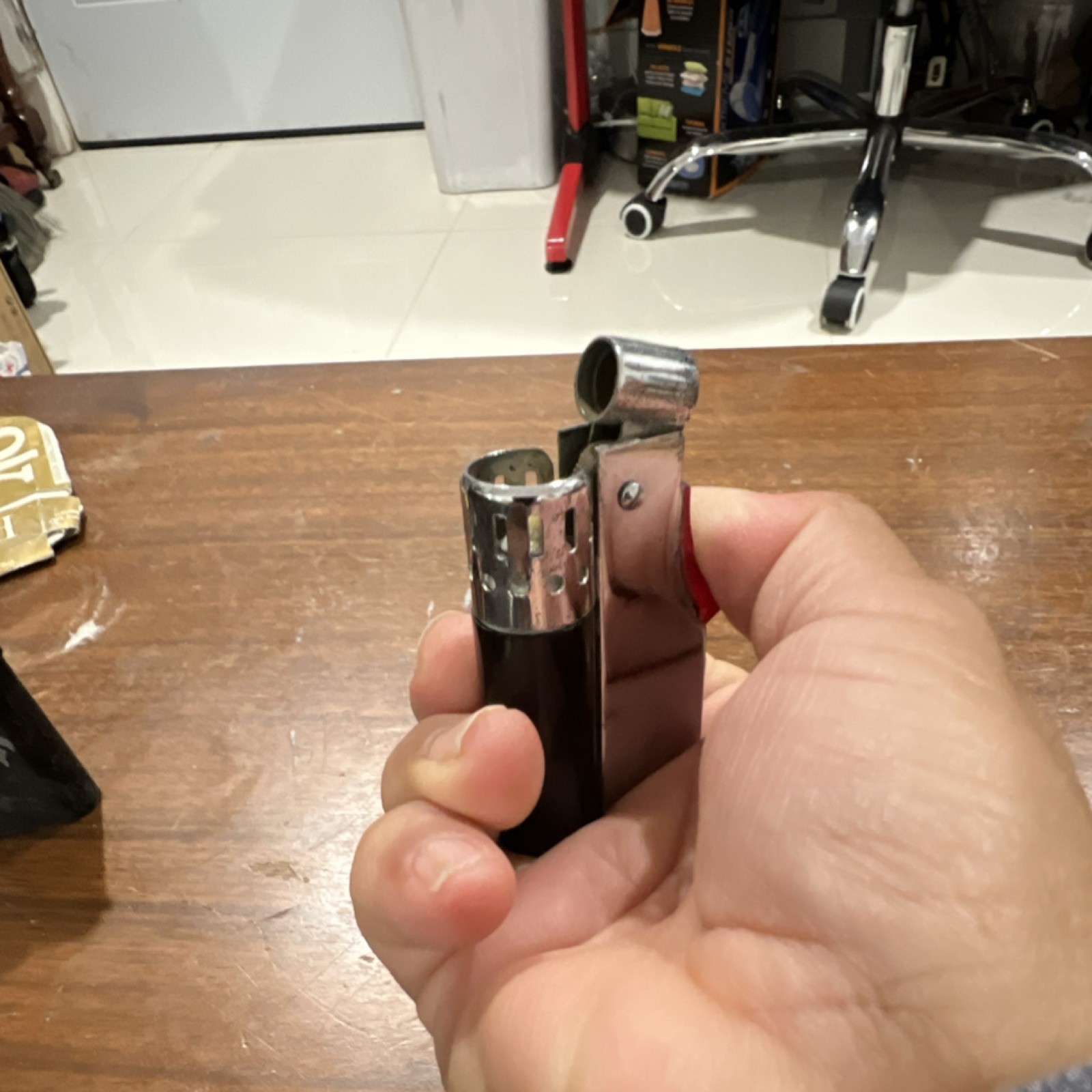 Black Silver Red Butane Lighter Collectible Red Trigger Unique Design Chrome